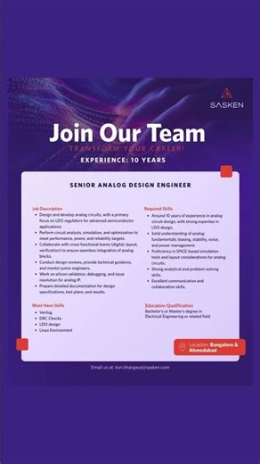 Hiring Senior Analog Design Engineer | (10+ Years) | Bangalore & Ahmedabad
