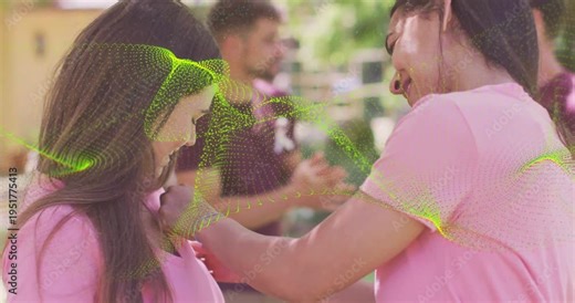Host starting pinning by reaching honoree during ceremony, green overlay crossing, man clapping