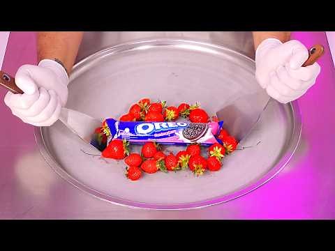 OREO Strawberry ASMR - how to make Oreo Strawberry Creme Cookies and Strawberries to Ice Cream Rolls