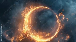 A burning crescent moon-shaped ring of fire is suspended in a dark smoky sky. The intense flames illuminate the surrounding smoke, creating a dramatic contrast in the scene. Stock Video