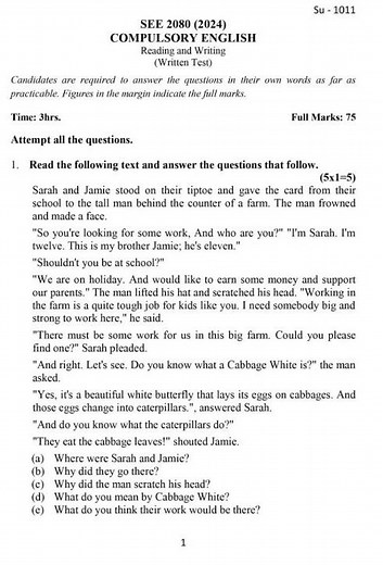 Class 10 SEE 2081 English subject model question paper 😱