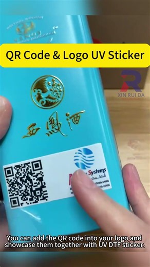 Logo with QR code made into UV DTF sticker display.