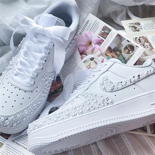 Custom Bridal Shoes, Pearl Wedding Sneakers, White Satin Ribbon Laces, Personalized Name Date, Bling Crystal Kicks, Bride Tennis Shoes. - Etsy