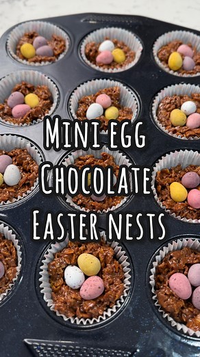 Mini egg chocolate Easter nests 😍 Here’s how to make these classic Easter treats 🐣 full recipe below 👇 ☺️ What you need: 220 g milk chocolate 50 g butter 30 g golden syrup 120 g corn flakes 125 g mini eggs 36 individual eggs How to make them: 1. Break the chocolate into chunks, then add it to a large saucepan with the butter and golden syrup. 2. Melt it over a low to medium heat, stirring often. 3. Once it’s melted, take it off the heat and tip in the cornflake. Mix it until it’s well combine