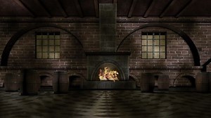 Victorian workhouse room with old fashioned fireplace and wooden barrels with brick walls and square windows