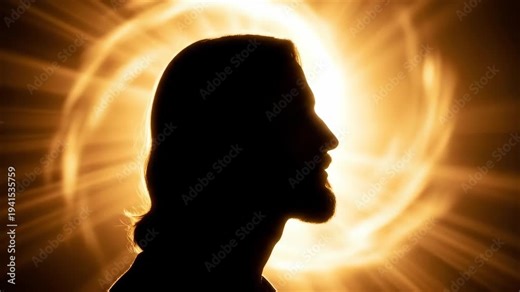 Jesus Christ profile silhouette against radiant golden light. Catholic religious concept showing divine aura. Faith and spirituality transformation in holy energy.