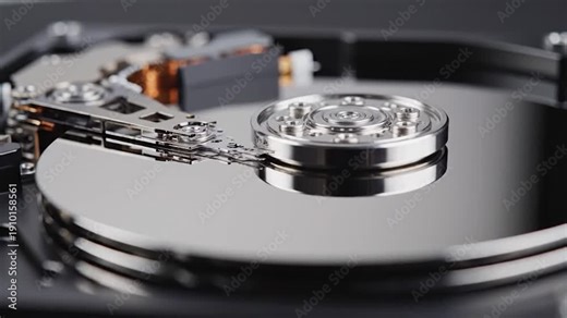 Close-up view of an open hard disk drive showing its internal components