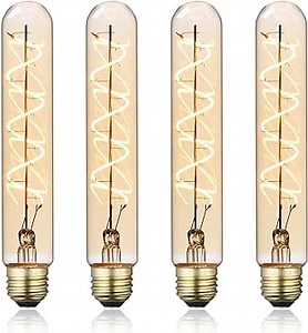 TORCHSTAR LED Vintage Spiral Filament Bulb T10, 4.5W 7.17inch Long Tubular Edison Light Bulbs, E26 Base, Dimmable T10 Filament Bulb for Wall Lamp, Amber Glass, 2000K Soft Warm, ETL/FCC, Pack of 4