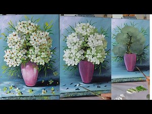 #022 | How to Paint a White Hydrangea Bouquet in a Vase with Acrylic on Canvas | FlowerVibe Art