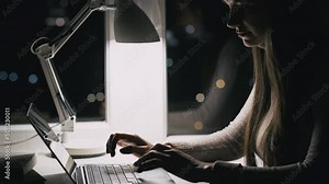 Finished work. Job done. Completed task. Woman freelancer working late closing laptop at late night window home office desk workplace.