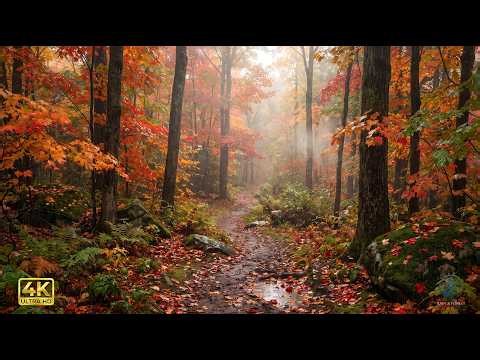 🍁 Gentle Rain In Autumn Canadian Maple Forest | Raindrops Dripping On Red Foliage 🌧️