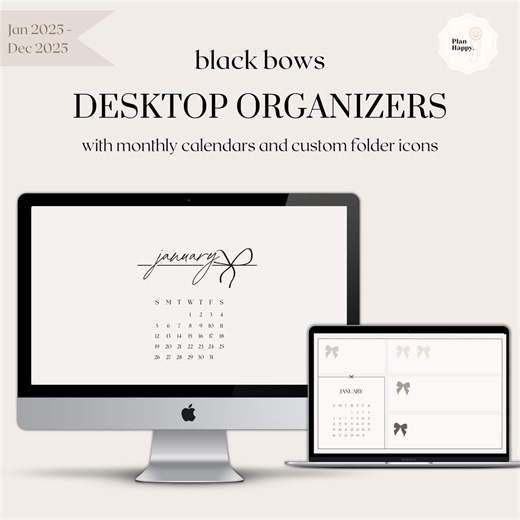 Desktop Organizer Wallpapers With Monthly Calendar (january 2025 - Dec 2025) | Black Elegant Bows |   Folder Icons - Mac, Windows - Etsy