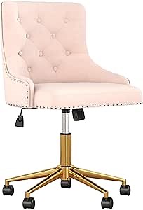 Velvet Armless Home Office Desk Chair, Swivel Height-Adjustable Small Cute Vanity Chair for Women/Girls, Comfy Makeup Chair with Rivet and Gold Base for Living Room, Bedroom(Light Pink)