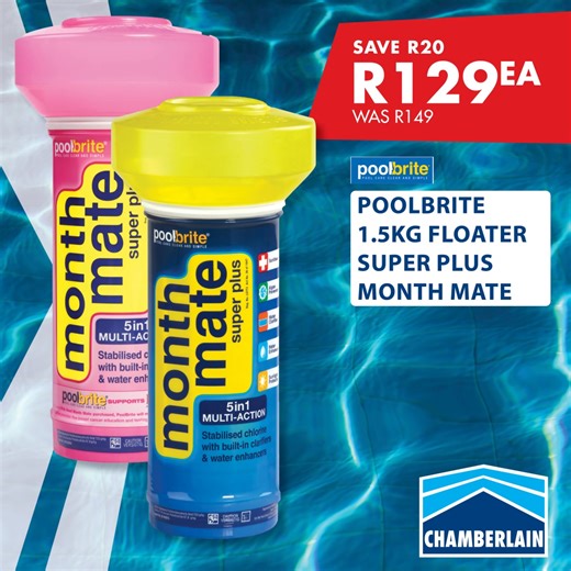 ☀️ Get your pool ready for endless sunny days! From keeping the water balanced to sparkling clean, our spring promotion makes pool care simple and effective. Visit any Chamberlain store and stock up on everything you need this season: https://www.chamberlains.co.za/fhc-promotion Prices valid until 12 October 2025. While stocks last. T's & C’s apply. #ChamberlainHardware #FamousForHardware #Chamberlain #Promotion #SpringIntoGardening #CleanPool #SummerReady #PoolCare #CrystalClear | Chamberlain H