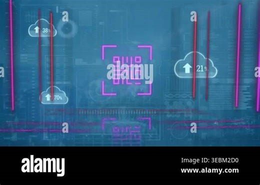 Animation of neon qr code scanner over interface with data processing on blue background. Social media networking and business technology concept Stock Video Footage - Alamy