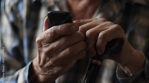 an elderly man with a walking stick uses a push-button telephone while sitting at home, a pensioner dials a number on a push-button telephone