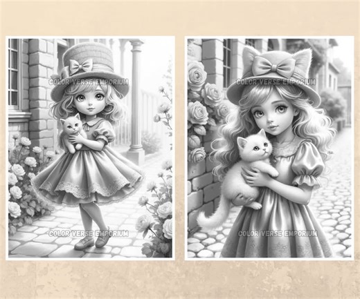 Cute Chibi Girl Printable Coloring Pages, Kawaii Kitten and Friends Adult Coloring Books in Grayscale, Digital Sheets PDF - Etsy