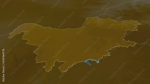 North West, province with its capital, zoomed and extruded on the relief map of South Africa in the conformal Stereographic projection. Animation 3D
