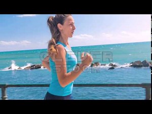 Pretty Young Woman Running Jogging Beach Coast Summer Waterfront Ocean Fit Lifestyle Uhd 4K