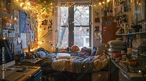 A typical dorm room setting featuring a bed, desk, and computer for studying and relaxation, A dreamy depiction of a college dorm room with cozy decor and personal touches