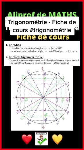 Trigonométrie - Fiche de cours. #trigonométrie #maths #aliprof #calculmental #fonction #equation #suite #réussite #factoriser #trigo #angle #radian #degre
