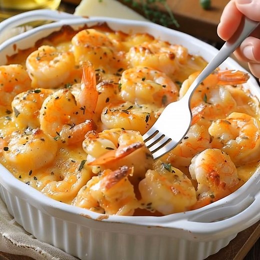 🧀 Baked Cheesy Shrimp Casserole 🍤 Creamy, golden, and the ultimate comfort dinner favorite! 📝 Ingredients: 1 lb large shrimp, peeled and deveined 2 cups cooked rice or pasta (optional base) 2 tbsp butter 1 tbsp olive oil 3 cloves garlic, minced 1 cup heavy cream 1/2 cup chicken broth 1/2 cup shredded mozzarella cheese 1/2 cup shredded cheddar cheese 1/4 cup grated Parmesan 1/2 tsp black pepper 1/4 tsp paprika Salt to taste 1 tbsp chopped parsley for garnish 🍴 How to prepare it: 1️⃣ Preheat &
