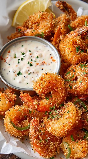 Crispy Shrimp and Mushroom Bites with Spicy Ranch Dip 🍤😍 Ingredients: • 1 pound shrimp, peeled and deveined • 1 cup mushrooms, chopped • 1 cup breadcrumbs • 1/2 cup flour • 2 eggs, beaten • 1 teaspoon garlic powder • 1 teaspoon paprika • Salt and pepper to taste • Oil for frying • 1 cup ranch dressing • 1-2 teaspoons hot sauce (to taste) Directions: 1. In a bowl, combine shrimp and mushrooms. 2. In another bowl, mix breadcrumbs, garlic powder, paprika, salt, and pepper. 3. Dredge shrimp and mu
