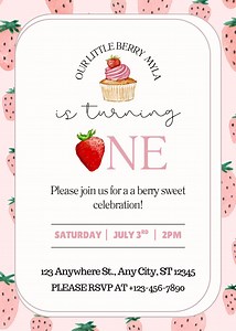 Strawberry First Birthday Invitation: Berry Sweet Party Template (digital Download) - Etsy