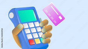 Payment terminal, a modern POS-bank payment device. A payment device with an NFC keyboard. A credit card reader. Animation of a contactless payment system.