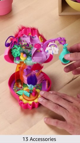 Polly Pocket Trolls Compact Playset with 2 Micro Dolls &13 Accessories, Poppy Exterior with Soft Hair, Collectible Toy Includes Poppy & Branch