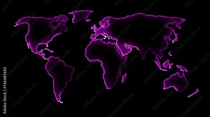 Neon line world map outline. Dynamic mapping of the contours of the world map. Light lines around the continents.