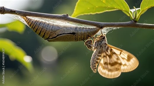 Cocoon and moth on branch representing transformation and life cycle
