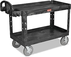 Rubbermaid Commercial Products BRUTE Heavy Duty 2-Shelf Utility/Service Cart, Pneumatic Casters, Medium, Lipped Shelves, Ergonomic Handle, 750 lb Capacity, Black, for Warehouse/Garage/Cleaning/Office