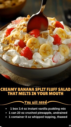 Banana 💗 Split Fluff Salad Recipe ingredients: 1 (3.4-ounce) box instant vanilla pudding mix 1 (20-ounce) can crushed pineapple (undrained) 1 (8-ounce) container whipped topping (thawed) 1 1/2 cups mini marshmallows ..... Full Recipe in Coʍmеոτ 💬 🏪 | Mommy Needs A Recipe