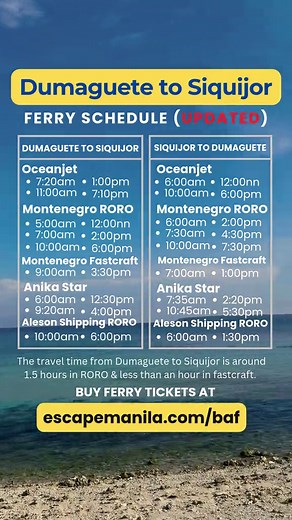 Updated Dumaguete to Siquijor / Siquijor to Dumaguete ferry schedule via RORO and fastcraft - Oceanjet, Montenegro, Anika Star, and Aleson Shipping.