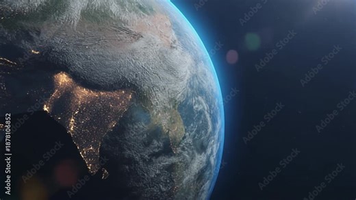 Illuminated Planet Earth seen from Space, glowing with city lights at night showcasing continents and atmosphere