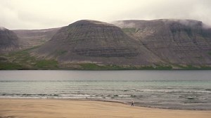 Niña recogiendo conchas en la playa de arena islandesa. Captura estable