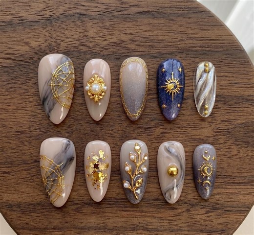 Celestial Marble Press on Nails Luxury 3D Gold Sun & Moon Nails Vintage Custom - Etsy