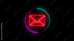 Email, contact and communication concept icon animation with neon circle. Mail envelope icon, glowing message symbol icon animation. Stock Video