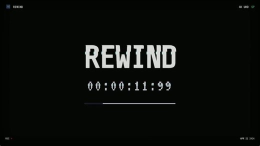Digital camera viewfinder interface showing rewind mode with a countdown timer, professional production overlay.