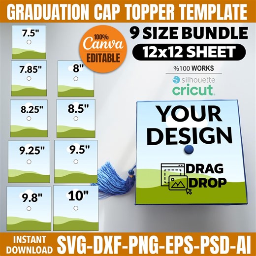 Graduation Cap Toppers Template Bundle 9 Sizes | 7.5-10 Inch Grad Cap Topper - Etsy
