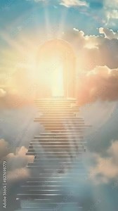 stairs to heaven in sunrise sunset light and clouds. Concept of ascension and spiritual progress of soul - 4k 9x16 vertical new stock video footage animation AI