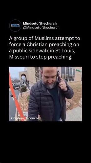 God Comes First on Instagram: "In St. Louis, a brave Christian preacher stood his ground on a public sidewalk, sharing the Gospel, when a group tried to push him off. Praise God the police stepped in to protect our freedoms! This is why we must stand firm in our faith: religious liberty is under attack, but Jesus calls us to shine our light boldly. What do you think, friends? Have you faced opposition while sharing your faith? Drop a comment below and let’s encourage each other! 🙏✝️"
