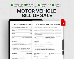 Motor Vehicle Bill of Sale. Printable Car Sale Form. Bill of Sale Form Agreement. Auto Bill of Sale. Editable PDF. Instant Download - Etsy