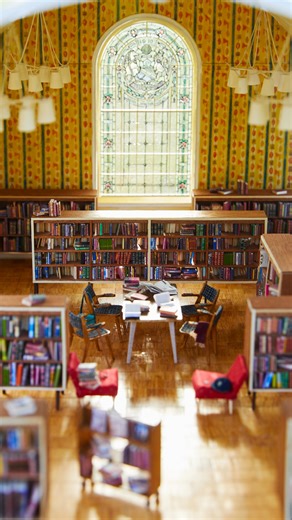Hannah Lemon on Instagram: "Making a stained glass window for the miniature library in Manchester ✨ My mission was to restore this window in 1/24 scale. It was the focal point for this library back in the day, but working out the design was pretty tricky! In real life, it is currently boarded up so we can’t see the design from the outside. I had to look at black and white photos and limited colour photos (in which the window was already damaged). I did my best, and I’m happy how it turned out 😍
