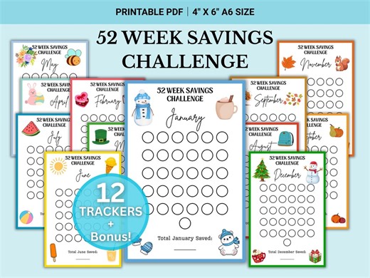 52 Week Savings Challenge Bundle, A6, 12 Month Trackers, Printable PDF (instant Download) - Etsy