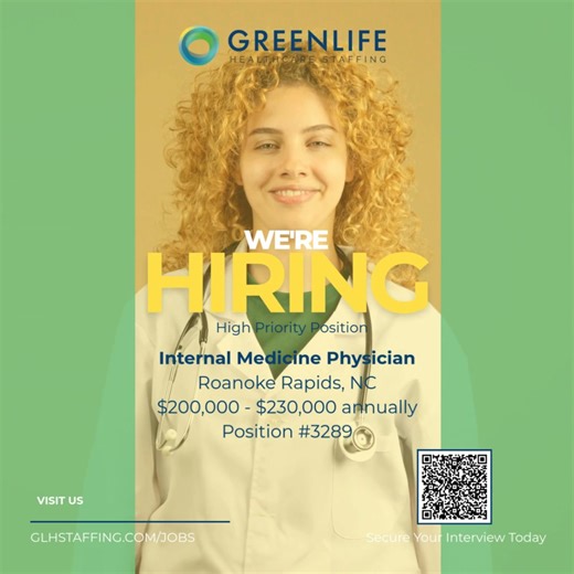 📢 Now Hiring: Internal Medicine Physician – Roanoke Rapids, NC! - (#3289) Join a mission-driven Community Health Center providing outpatient-only, patient-centered care in beautiful northeastern NC. Enjoy a $200K–$230K salary, $30K–$75K sign-on bonus, loan assistance, relocation support, full benefits, and a supportive team environment. Open to 2023–2024 residents and BC/BE physicians! 📲 Scan the QR code to apply instantly and elevate your career. 📩 Apply Now: hr@glhstaffing.com | ☎️ (800) 60