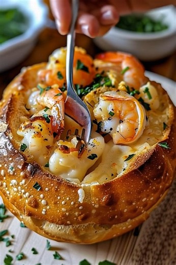🍞 Creamy Garlic Shrimp Bread Bowl 🦐 Irresistibly cheesy seafood comfort — the ultimate cozy meal! 📝 Ingredients: 1 large round sourdough bread loaf 1 lb shrimp, peeled and deveined 3 tbsp butter 3 cloves garlic, minced 1 cup heavy cream 1/2 cup shredded mozzarella cheese 1/4 cup grated Parmesan cheese 1 tbsp olive oil 1 tbsp chopped fresh parsley Salt and pepper, to taste 🍴 How to prepare it: 1️⃣ Prep the bread bowl: Slice off the top of the sourdough loaf and hollow out the center — this cr