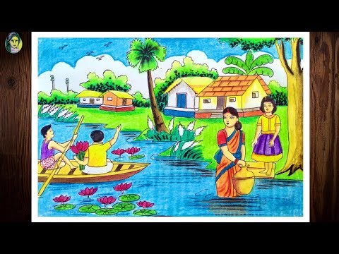 How To Draw A Scenery Of Autumn Season Step By Step | Autumn Season Drawing Easy | Village Drawing