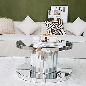 Round Mirrored Coffee Table, 2 Tier Coffee Table with Storage, Modern 31.5 Inch Silver Coffee Center Table for Living Room, Luxury Glam Accent Drum Side Table Living Room Furniture